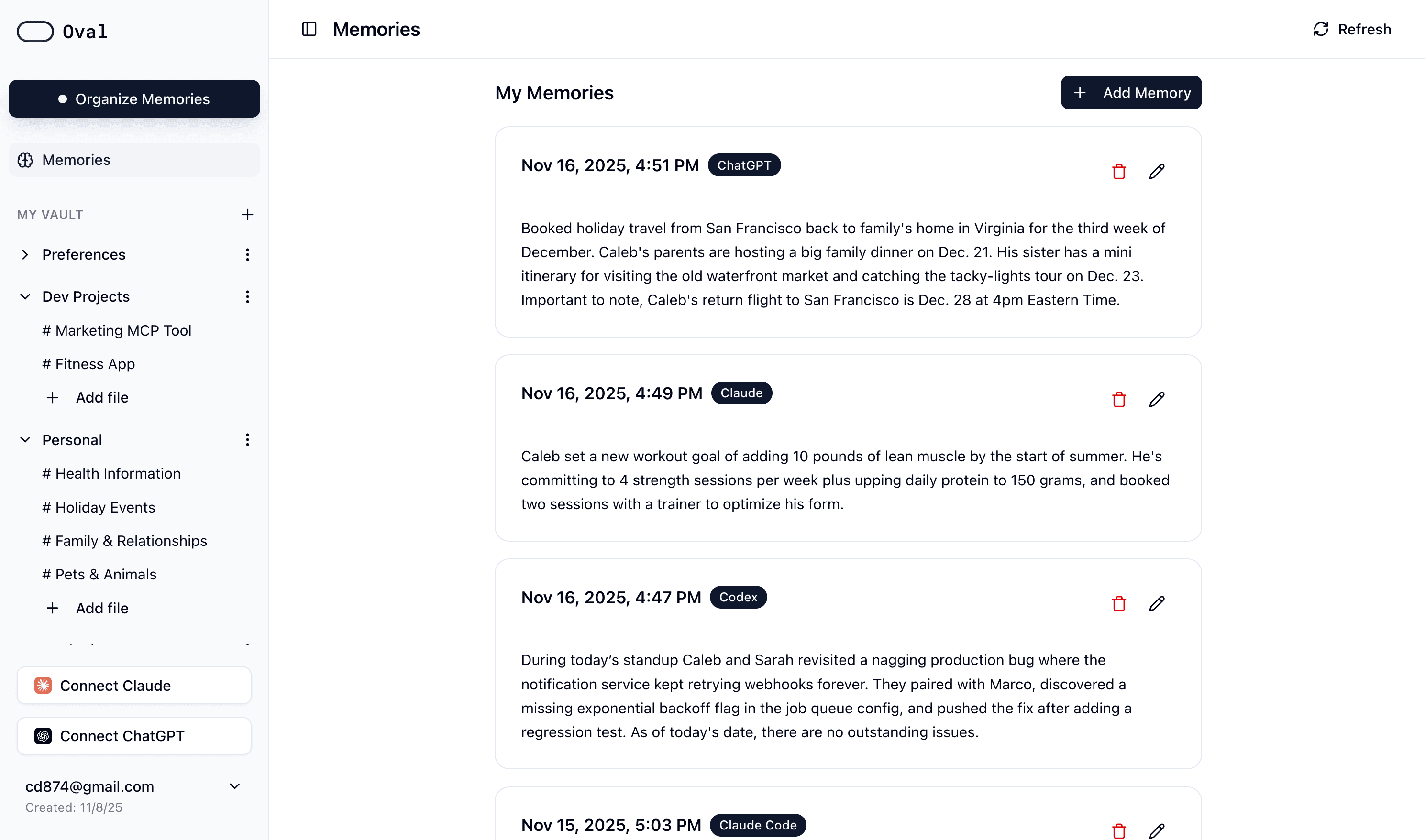 Oval dashboard in light mode showing unified memories and vault files
